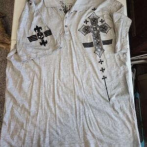 Affliction Light Gray Polo with Black Cross Design